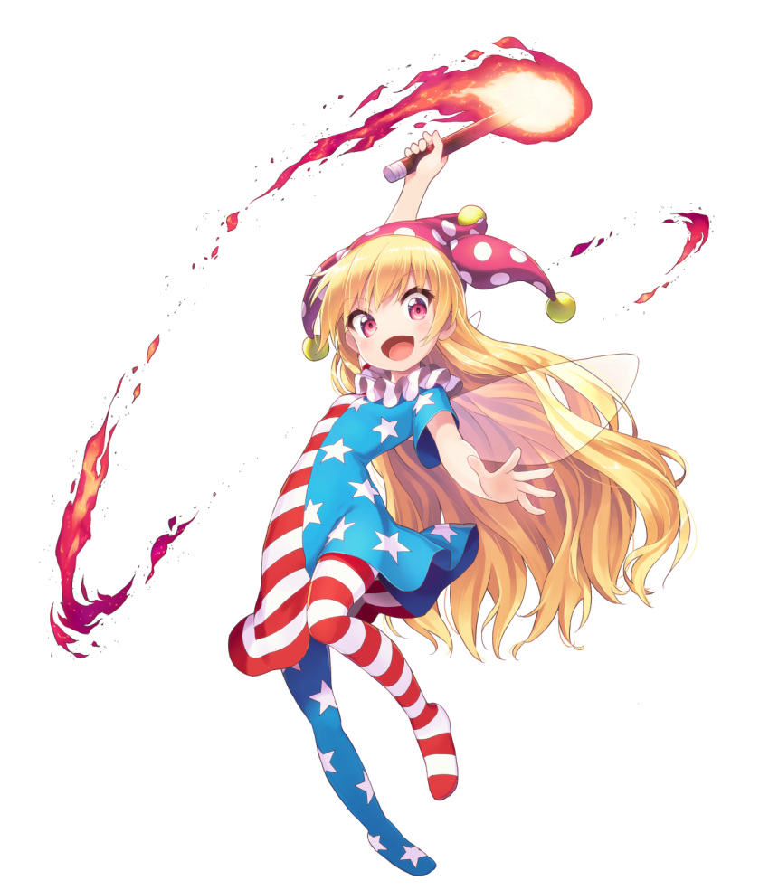 american_flag_dress american_flag_legwear arm_up blonde_hair clownpiece commentary_request dress fairy_wings fire full_body hat highres holding holding_torch jester_cap long_hair looking_at_viewer neck_ruff no_shoes open_mouth outstretched_arm pantyhose pink_eyes pink_headwear polka_dot short_dress short_sleeves smile star star_print striped tamanaga_haru torch touhou transparent_background transparent_wings very_long_hair wings