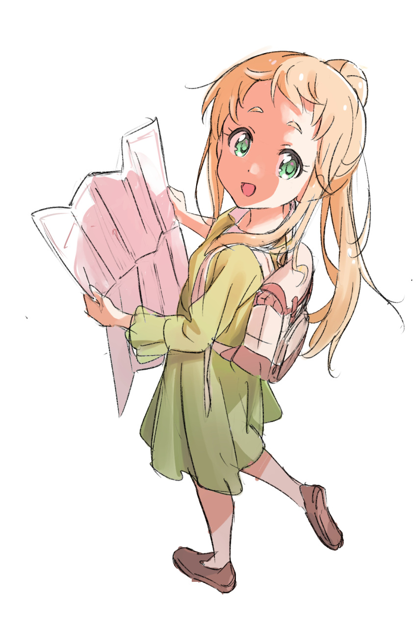 1girl :d backlighting backpack bag blonde_hair brown_footwear collared_dress dress eyebrows from_above from_side green_dress green_eyes hands_up high_ponytail highres holding holding_map inose_mai koisuru_asteroid leg_lift loafers long_hair long_sleeves looking_at_viewer looking_back map open_mouth ponytail shoe_soles shoes sidelocks simple_background sketch smile solo tareme thick_eyebrows walking white_background yamazakijun
