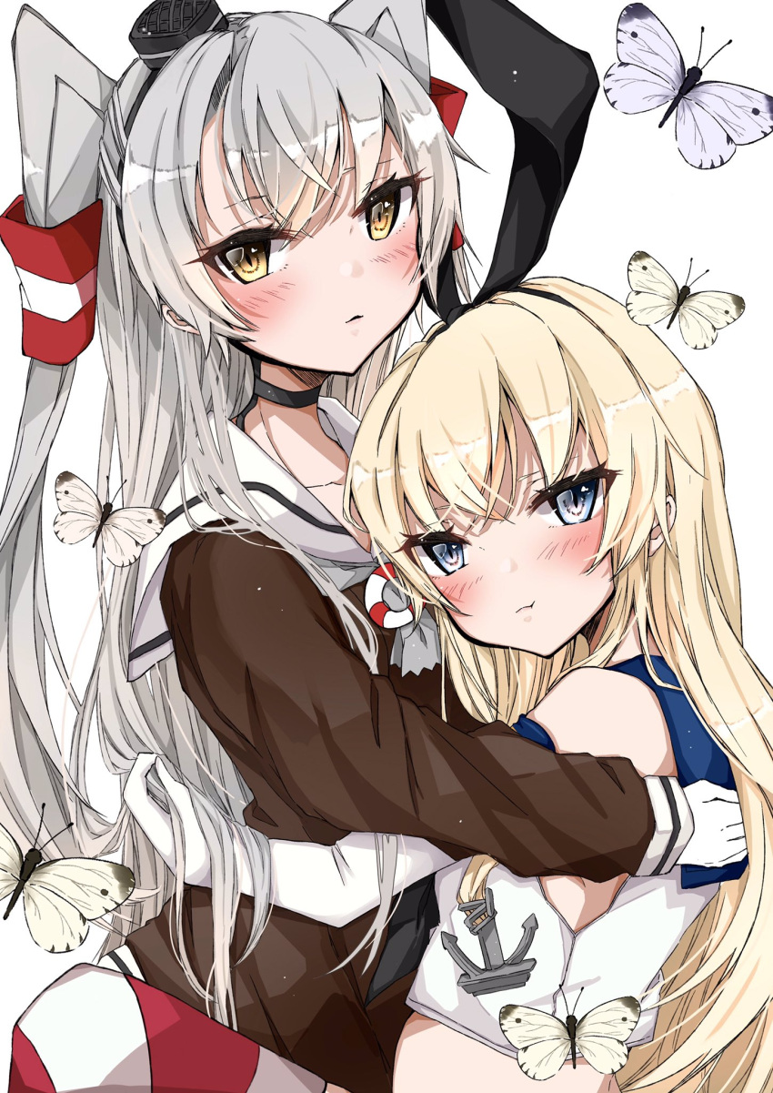 2girls :t amatsukaze_(kantai_collection) anchor_hair_ornament bangs blonde_hair blue_eyes blue_sailor_collar blush brown_dress bug butterfly chigasaki_y closed_mouth dress elbow_gloves gloves hair_ornament hair_tubes hairband highres hug innertube insect kantai_collection long_hair long_sleeves multiple_girls sailor_collar sailor_dress school_uniform serafuku shimakaze_(kantai_collection) silver_hair simple_background sleeveless striped striped_legwear thigh-highs two_side_up white_background white_gloves yellow_eyes