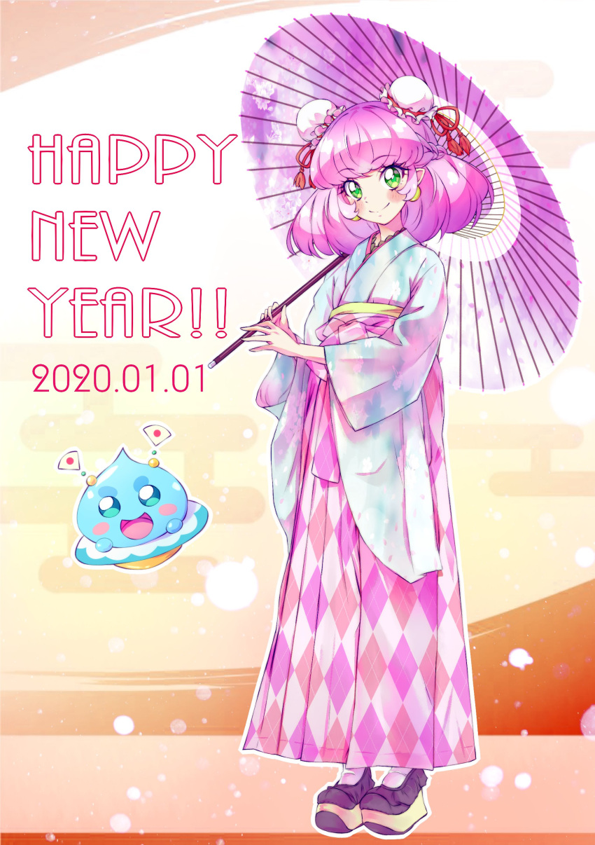 1girl 2020 absurdres aqua_eyes blush blush_stickers braid closed_mouth commentary_request crown_braid dated double_bun fan full_body green_eyes happy_new_year highres holding holding_umbrella japanese_clothes japanese_flag kimono kyoutsuugengo mao_(precure) new_year open_mouth oriental_umbrella paper_fan pearl_earrings pink_hair precure prunce_(precure) shoes smile star_twinkle_precure umbrella yuni_(precure)