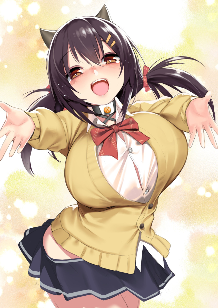 1girl :d absurdres azur_lane black_hair blush breasts brown_eyes cardigan choker commentary_request eyebrows_visible_through_hair gen_(black_factory) hair_between_eyes hair_ornament hairclip highres horns huge_breasts long_hair long_sleeves looking_at_viewer nagara_(azur_lane) nose_blush open_mouth outstretched_arms pleated_skirt shirt skirt smile solo twintails white_shirt