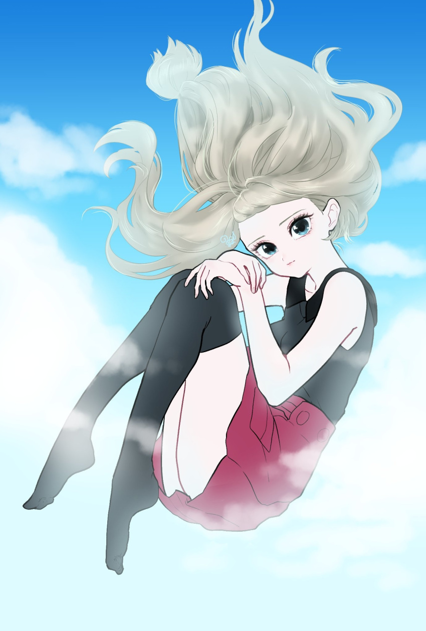 1girl black_legwear black_shirt blue_eyes blue_sky breasts collared_shirt day eyelashes floating full_body highres long_hair looking_at_viewer minapo miniskirt no_shoes outdoors pokemon pokemon_special red_skirt shirt signature skirt sky sleeveless sleeveless_shirt small_breasts solo wind y_na_gaabena