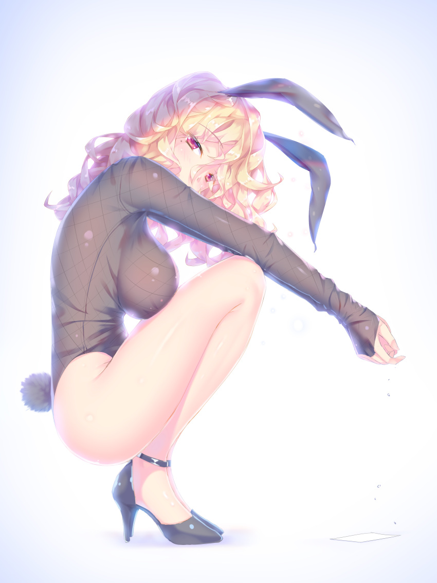1girl a.x. absurdres animal_ears bangs black_ears black_footwear black_leotard black_tail blonde_hair blush breast_press breasts bridal_gauntlets bunny_girl bunny_tail eyebrows_visible_through_hair fingernails fishnets from_side full_body hair_between_eyes head_tilt high_heels highleg highleg_leotard highres knees_on_chest large_breasts legs leotard long_hair long_sleeves looking_at_viewer original rabbit_ears shiny shiny_clothes shiny_skin simple_background solo squatting tail thighs violet_eyes wavy_hair white_background