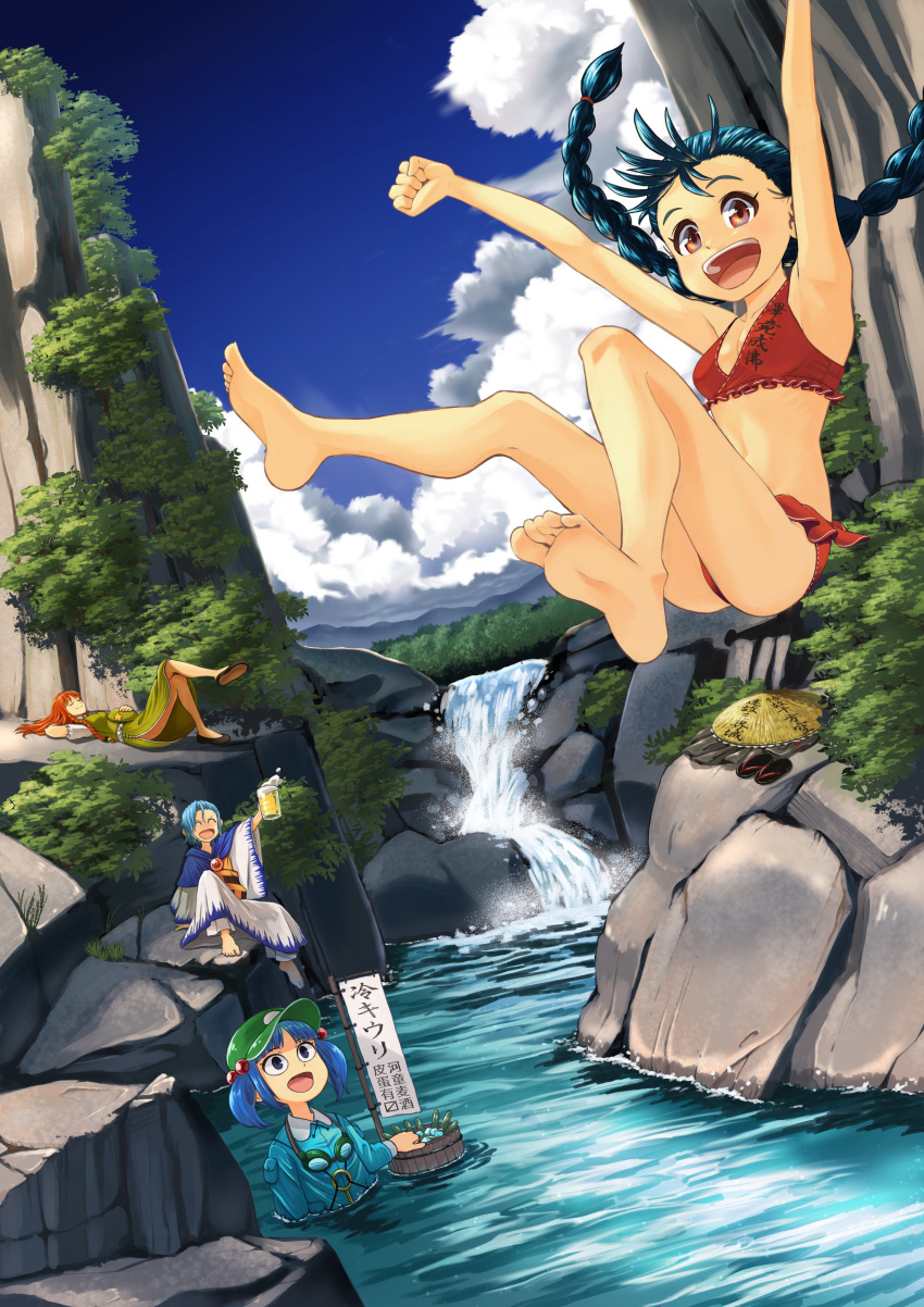 4girls absurdres alcohol bare_legs barefoot beer beer_mug bikini black_footwear black_hair blue_hair blue_sky breasts bucket china_dress chinese_clothes closed_eyes clouds commentary_request cup day dress goggles green_dress green_headwear hair_bobbles hair_ornament hat highres holding holding_cup hong_meiling iroiro_yaru_hito kawashiro_nitori kumoi_ichirin long_hair lying multiple_girls nature on_back open_mouth outdoors outstretched_arms red_bikini red_eyes redhead river rock sandals shoes sky small_breasts smile soles straw_hat summer swimsuit touhou translation_request tree twintails two_side_up water waterfall white_dress yatadera_narumi