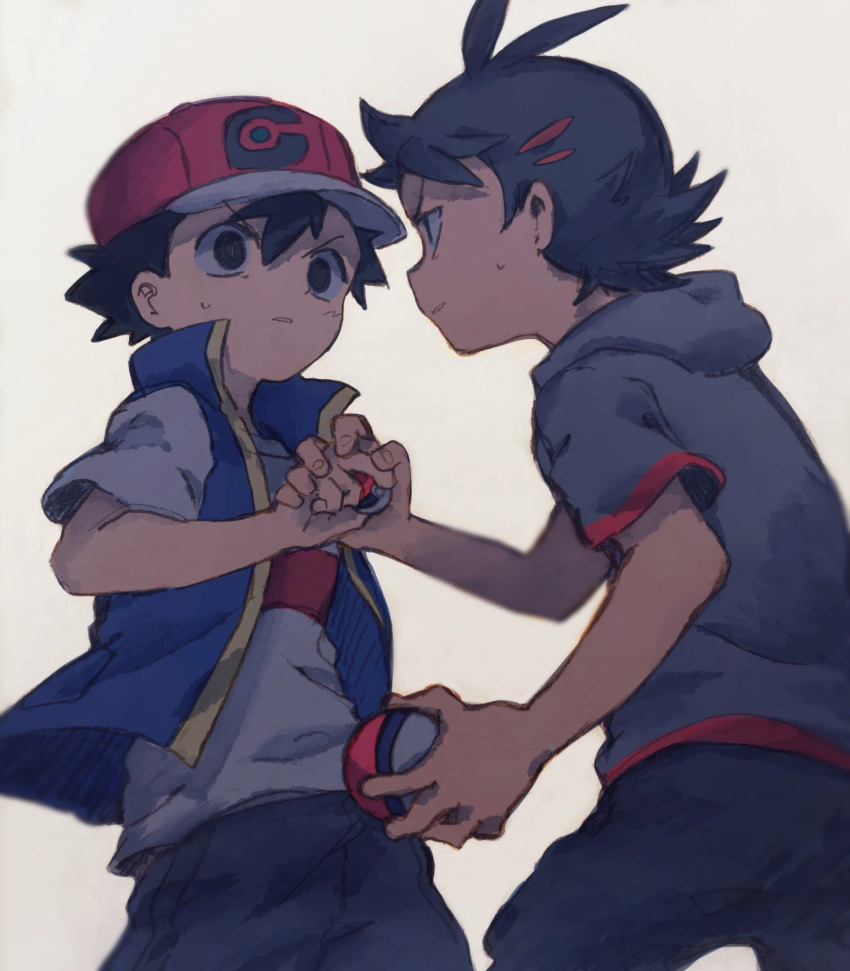 2boys baseball_cap black_hair black_pants blue_vest commentary_request dark_skin dark_skinned_male eye_contact gou_(pokemon) grey_shirt hair_ornament hairclip hat highres holding holding_another's_arm holding_poke_ball kurage2535 looking_at_another male_focus multiple_boys pants poke_ball poke_ball_(generic) pokemon pokemon_(anime) pokemon_swsh_(anime) satoshi_(pokemon) shirt simple_background spiky_hair surprised sweat vest wavy_eyes white_background white_shirt