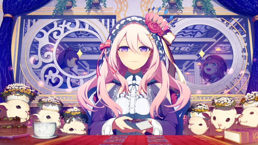 3girls :d blonde_hair book bow card fensi flower hair_bow highres indoors kamishiro_kurea kyousin lamb long_hair mouth_hold multiple_girls nijisanji open_mouth otogi_resurrection plant potted_plant red_bow sephira_su sitting smile suzuhara_lulu violet_eyes virtual_youtuber window