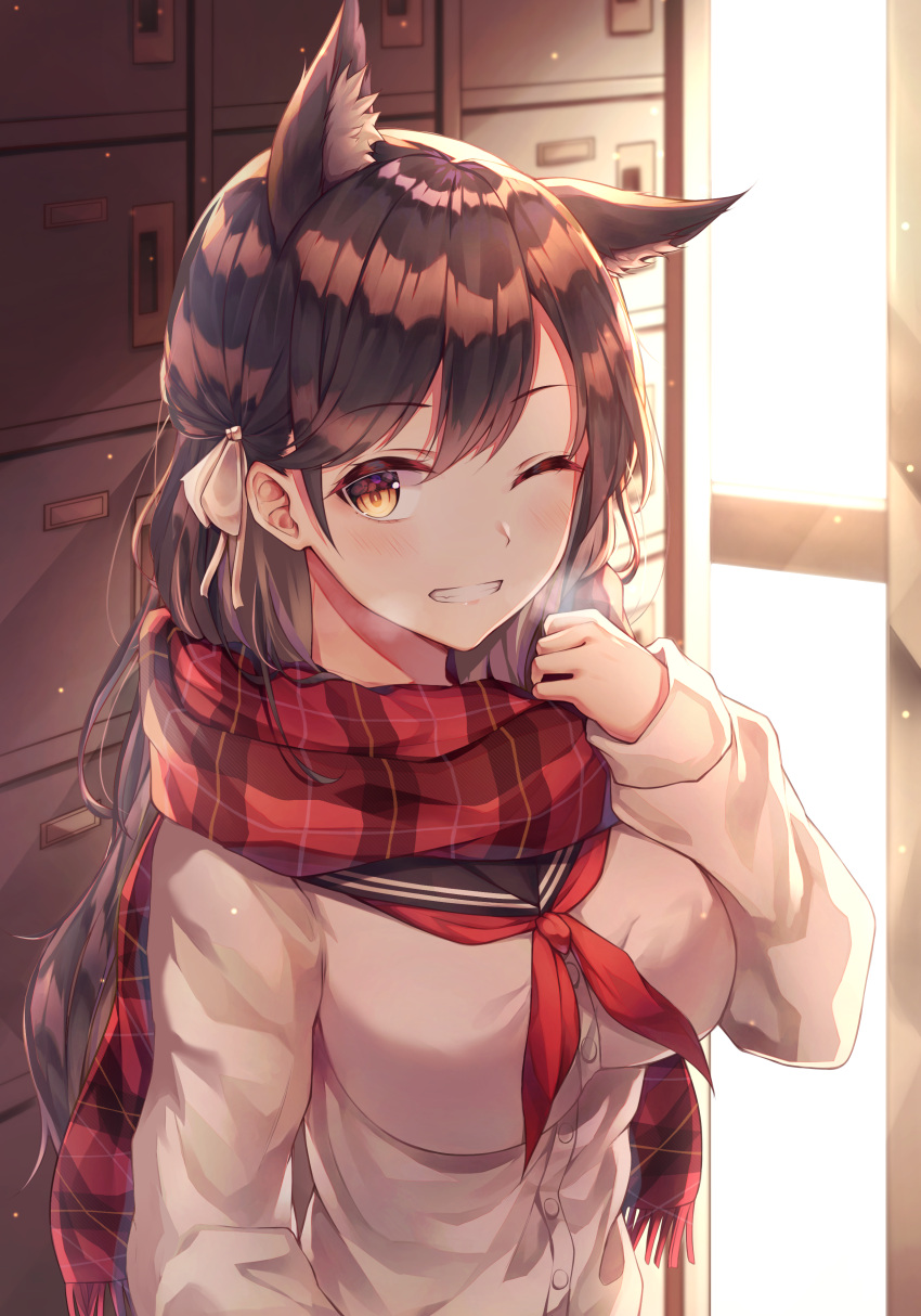 1girl absurdres animal_ears atago_(azur_lane) azur_lane bangs blush breasts commentary_request eyebrows_visible_through_hair gyungsin hair_ornament hair_ribbon highres indoors large_breasts long_sleeves looking_at_viewer one_eye_closed red_scarf ribbon scarf school_uniform serafuku shirt smile solo white_ribbon white_shirt