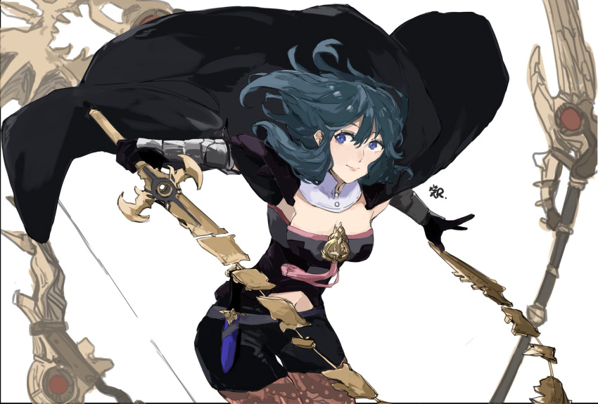 1girl armor axe black_shorts blue_eyes blue_hair bow_(weapon) byleth_(fire_emblem) byleth_eisner_(female) closed_mouth dagger fire_emblem fire_emblem:_three_houses highres holding holding_sword holding_weapon medium_hair navel_cutout pantyhose polearm sakuuremi sheath sheathed shorts simple_background solo super_smash_bros. sword weapon white_background