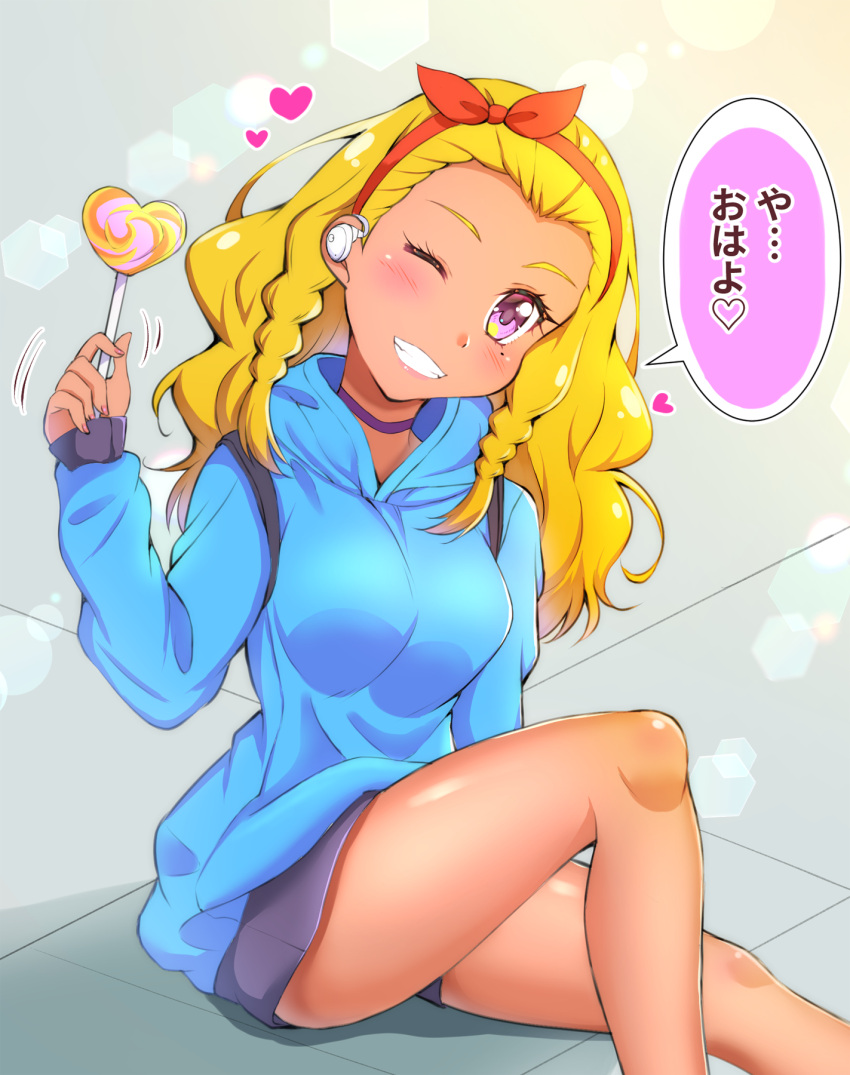 1girl amamiya_erena blonde_hair bow choker dark_skin grin hair_bow hairband head_tilt heart highres holding hood hooded_sweater kaatsukun long_hair long_sleeves looking_at_viewer mole mole_under_eye one_eye_closed precure red_bow red_hairband shiny shiny_hair shiny_skin sitting smile solo speech_bubble star_twinkle_precure sweater violet_eyes