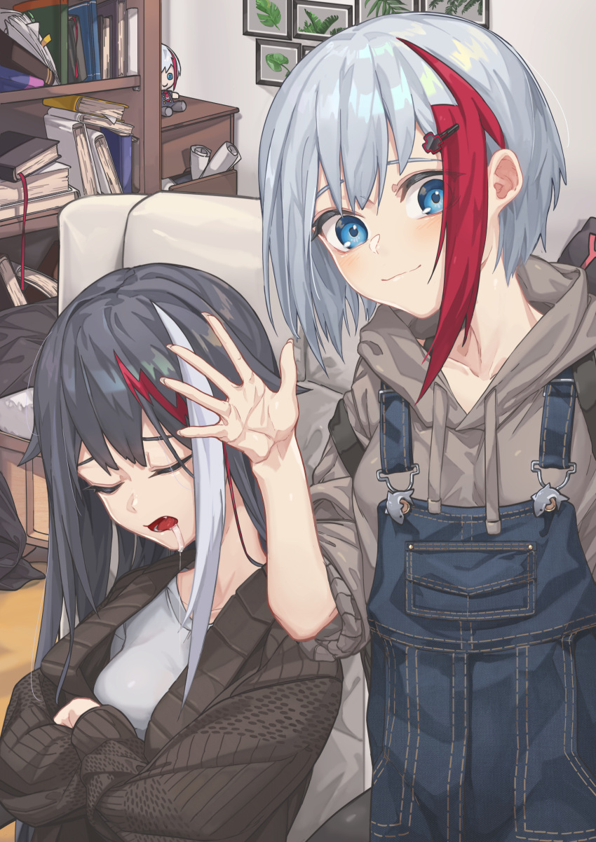 2girls absurdres admiral_graf_spee_(azur_lane) alternate_costume azur_lane bangs black_hair blue_eyes book bookshelf cardigan casual character_doll closed_eyes closed_mouth contemporary deutschland_(azur_lane) drooling english_commentary fangs grey_hair hair_ornament hairclip highres hood hoodie indoors multicolored_hair multiple_girls open_mouth overalls page'as picture_frame redhead saliva short_hair sidelocks sleeping sleeping_upright smile streaked_hair waving