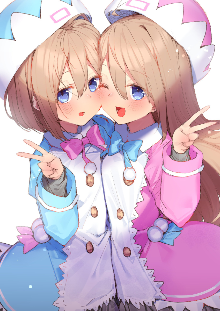 2girls :d ;d absurdres blancpig_yryr blue_dress blue_eyes blue_neckwear blush bow bowtie brown_hair cheek-to-cheek cowboy_shot double-breasted dress hair_between_eyes hand_up happy hat highres long_hair looking_at_viewer medium_hair multiple_girls neptune_(series) one_eye_closed open_mouth pink_dress pink_neckwear ram_(neptune_series) rom_(neptune_series) siblings simple_background sisters smile twins v very_long_hair white_background