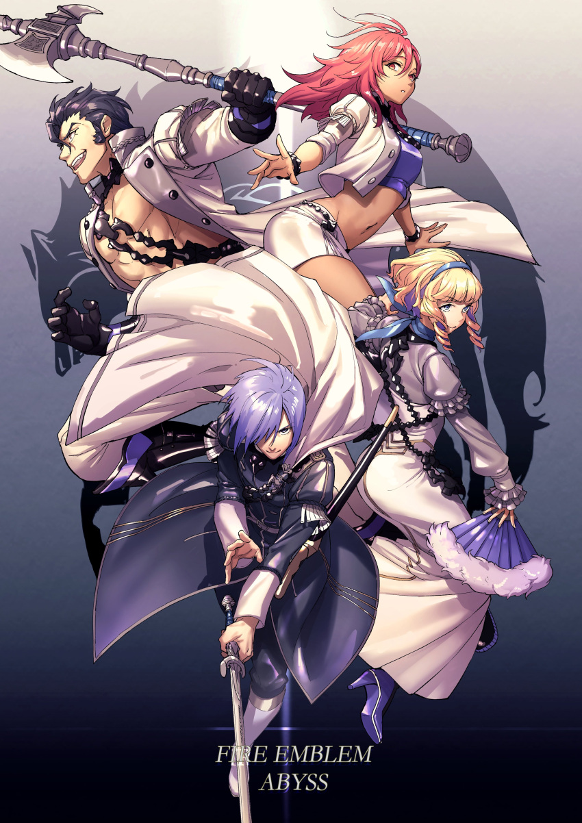 2boys 2girls absurdres axe balthus_(fire_emblem) black_footwear black_gloves black_hair blonde_hair blue_background boots bracelet breasts brown_eyes cape chain coat constance_(fire_emblem) copyright_name crop_top dark_skin dress drill_hair fan fire_emblem fire_emblem:_three_houses folding_fan gloves gradient gradient_background grey_eyes grin hair_between_eyes hair_over_one_eye hair_slicked_back hairband hapi_(fire_emblem) high_heels highres jewelry long_sleeves looking_at_viewer medium_breasts medium_hair midriff miniskirt moyashi_mou2 multicolored_hair multiple_boys multiple_girls navel open_clothes open_mouth open_shirt pink_eyes pink_hair purple_footwear purple_hair scabbard sheath short_hair side_drill skirt smile sword teeth twin_drills two-tone_hair unsheathed weapon white_dress white_footwear white_skirt yuri_(fire_emblem)