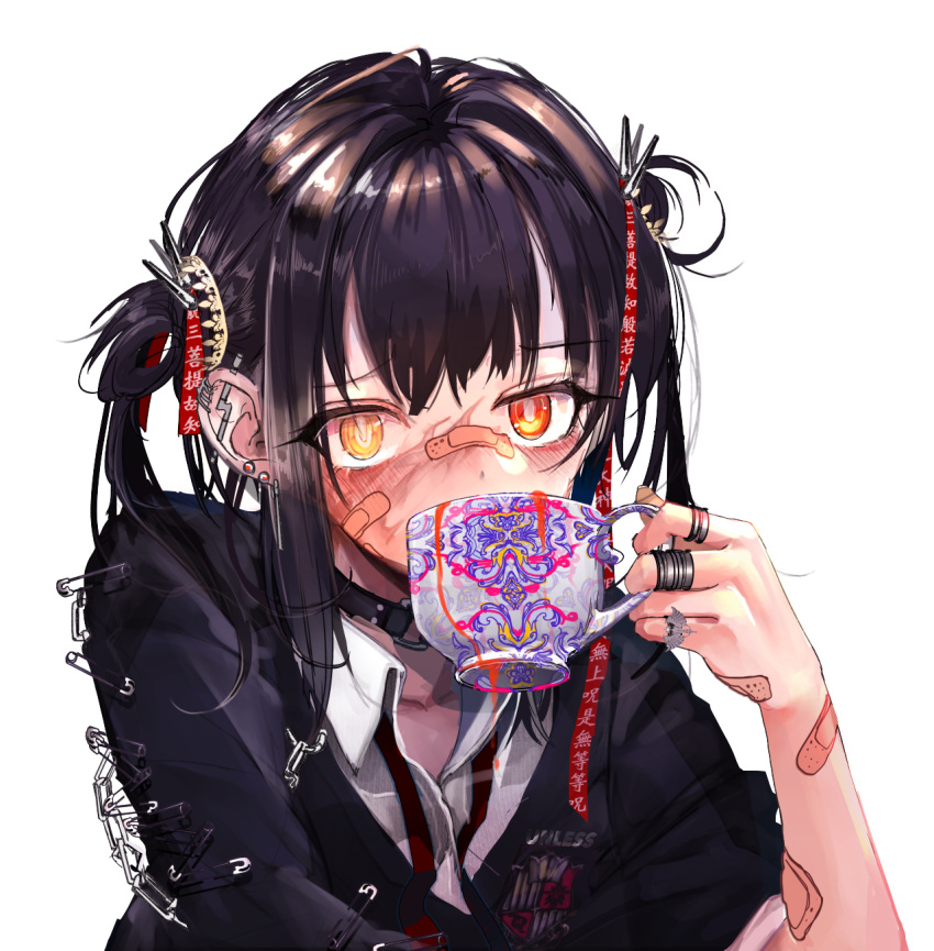1girl bandaid bandaid_on_arm bandaid_on_face bandaid_on_hand black_hair blood chain coat_of_arms collar collared_shirt cup earrings english_commentary facial_scar hair_intakes hair_ornament hair_ribbon heterochromia highres holding jacket jewelry looking_at_viewer loose_necktie multiple_earrings multiple_rings necktie original red_eyes ribbon safety_pin scar shirt sipping solo spikes stud_earrings teacup tokikosann translation_request transparent_background upper_body yellow_eyes