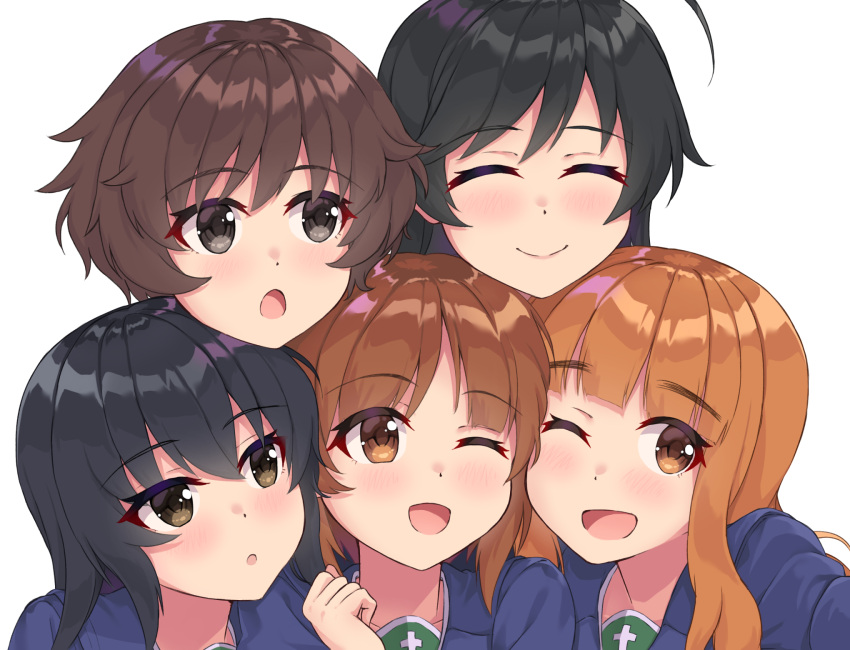 5girls :o ;d ahoge akiyama_yukari bangs black_hair blue_coat blunt_bangs blush brown_eyes brown_hair closed_mouth commentary_request face-to-face far_is_a girl_sandwich girls_und_panzer hairband highres isuzu_hana long_hair looking_at_another looking_at_viewer messy_hair multiple_girls nishizumi_miho one_eye_closed ooarai_school_uniform open_mouth orange_eyes orange_hair partial_commentary portrait pose reizei_mako sandwiched school_uniform short_hair simple_background smile takebe_saori white_background white_hairband