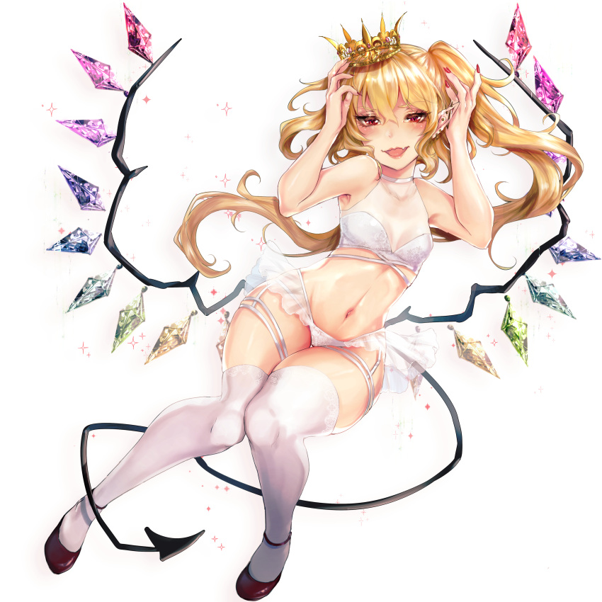1girl :d absurdres bangs bare_shoulders black_footwear blonde_hair blush breasts commentary_request crop_top crown crystal ear_piercing eyebrows_visible_through_hair flandre_scarlet full_body hair_between_eyes hands_up highres knees_together_feet_apart kyogoku-uru laevatein_(tail) long_hair looking_at_viewer midriff mini_crown navel one_side_up open_mouth panties piercing pointy_ears red_eyes see-through shoes simple_background sleeveless small_breasts smile solo stomach tail thigh-highs thighs touhou underwear white_background white_legwear white_panties wings