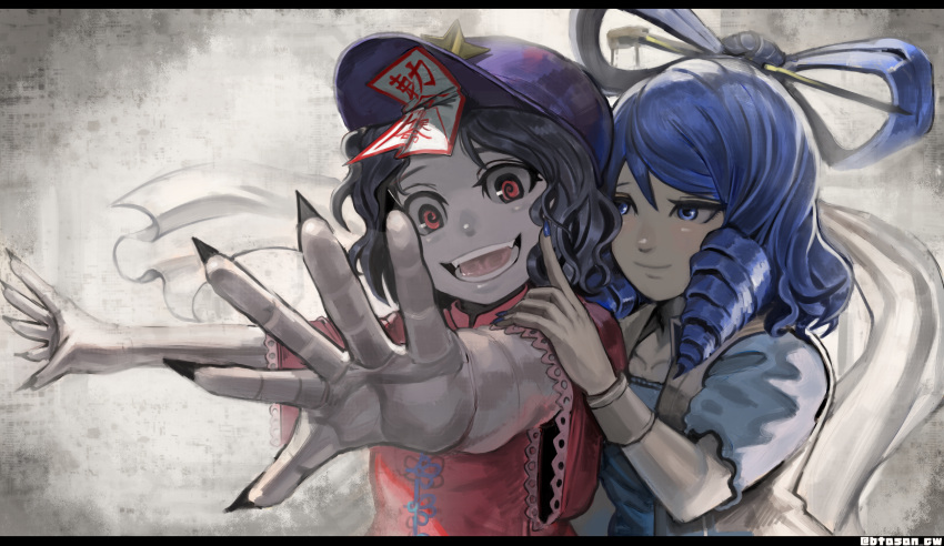 2girls :d al_bhed_eyes bangs bare_arms beret black_hair black_nails blouse blue_eyes blue_hair blue_nails bracelet closed_mouth commentary_request drill_locks fangs fingernails hair_ornament hair_rings hair_stick hat highres jewelry jiangshi kaku_seiga kurobuta_wagyu letterboxed looking_at_another looking_down medium_hair miyako_yoshika multiple_girls ofuda open_mouth outstretched_arms outstretched_hand red_eyes sharp_fingernails shawl short_sleeves smile spread_fingers star swept_bangs tongue touhou twitter_username upper_body vest watermark