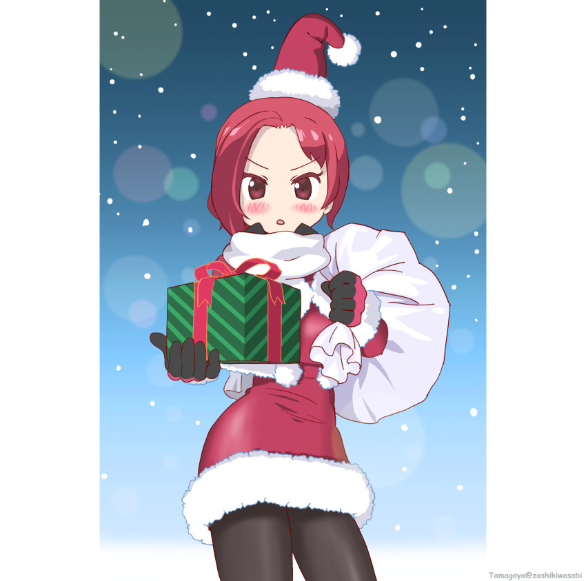 1girl blush christmas fur_trim gift gloves hat highres kemurikusa looking_at_viewer pantyhose red_eyes redhead rin_(kemurikusa) santa_costume santa_hat scarf short_hair snowing solo tamagoya