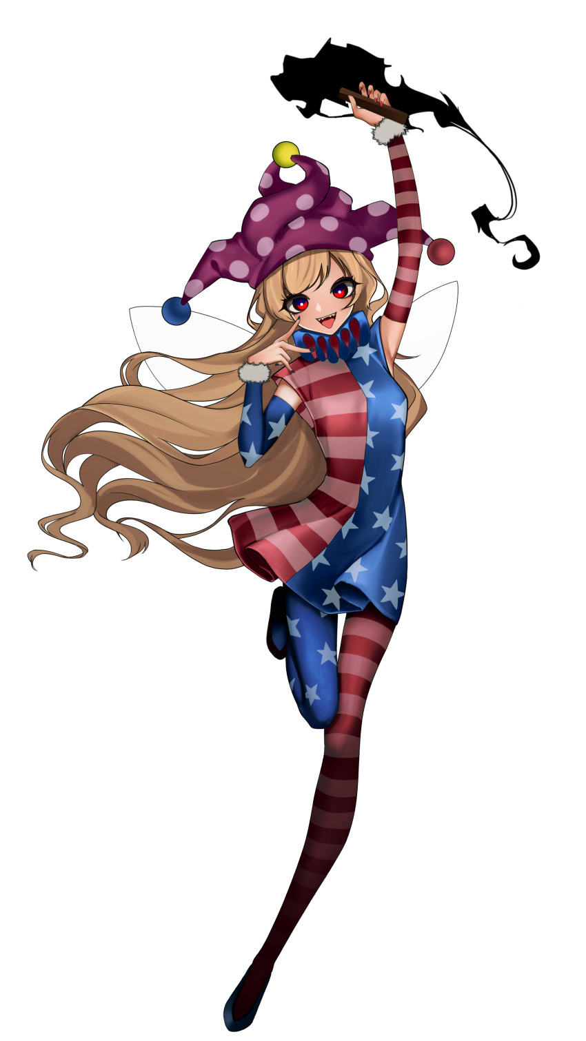 1girl absurdres american_flag_dress american_flag_legwear arm_up blonde_hair breasts clownpiece dress fairy_wings floating_hair full_body hat highres holding inoshin_(inixia1748) jester_cap long_hair long_sleeves looking_at_viewer neck_ruff no_shoes open_mouth pantyhose polka_dot purple_headwear red_eyes sharp_teeth simple_background small_breasts smile solo striped striped_dress teeth torch touhou very_long_hair white_background wings