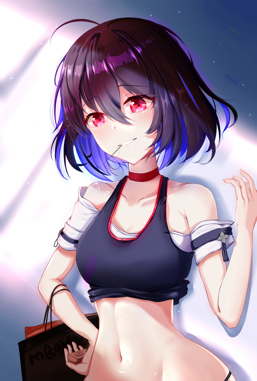 1girl absurdres ahoge armband bag bare_shoulders black_hair blue_hair commentary_request eyebrows_visible_through_hair grin halter_top halterneck hand_on_hip highres honkai_(series) honkai_impact_3rd looking_at_viewer midriff multicolored_hair navel red_eyes seele_vollerei shirt_lift shopping_bag short_hair smile solo timmoo toothpick two-tone_hair