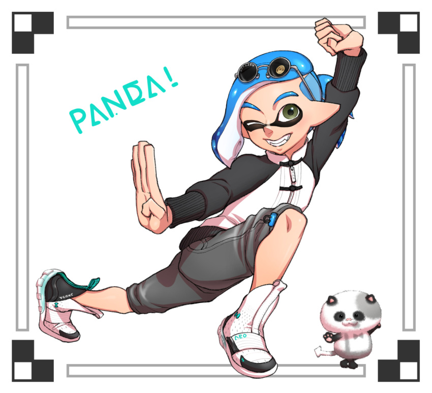 1boy blue_hair closed_eyes english_text eyewear_on_head fangs full_body green_eyes inkling kojajji-kun_(splatoon) kouhai_(souzaipan) pose short_ponytail shorts solo souzaipan splatoon_(series) tentacle_hair