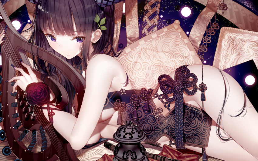 1girl atha_(leejuiping) bangs bare_shoulders black_dress black_hair blue_eyes blunt_bangs breasts china_dress chinese_clothes dress fate/grand_order fate_(series) flower hair_ornament highres leaf_hair_ornament long_hair looking_at_viewer lying medium_breasts on_side pipa_(instrument) short_dress solo yang_guifei_(fate/grand_order)