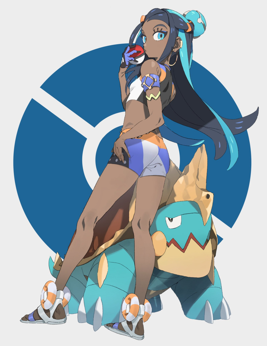 1girl black_hair blue_hair dark_skin drednaw highres machi_(wm) midriff pokemon pokemon_(game) pokemon_swsh rurina_(pokemon) shorts