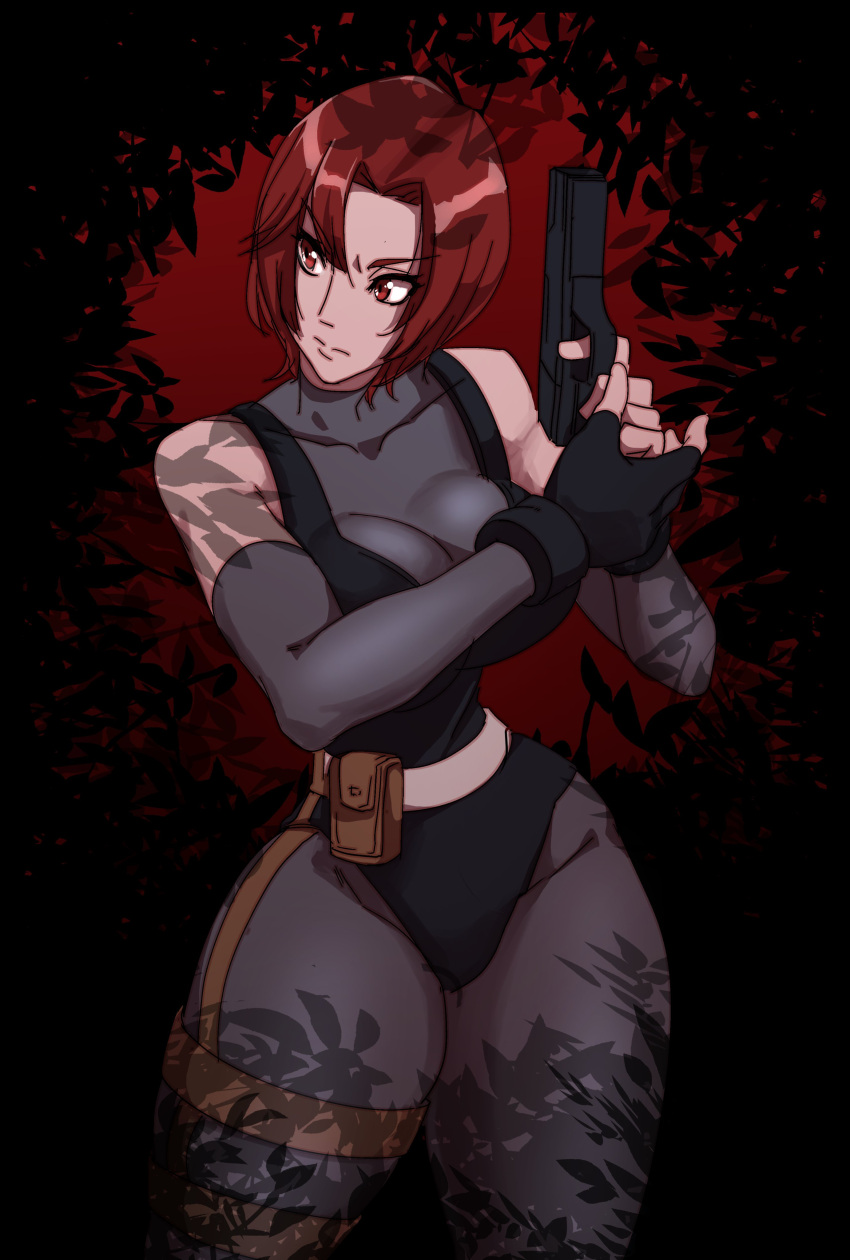 1girl absurdres belt belt_pouch black_leotard breasts commentary detached_sleeves dino_crisis english_commentary finger_on_trigger gun handgun highres holding holding_gun holding_weapon large_breasts leotard looking_to_the_side nisego pistol pouch red_eyes redhead regina_(dino_crisis) solo spandex thick_thighs thigh_strap thighs toned weapon