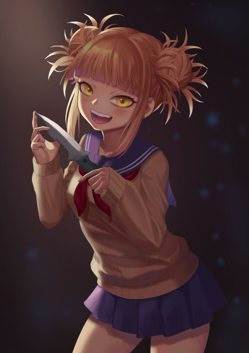 1girl :d backlighting bangs blonde_hair blue_sailor_collar blue_skirt blush boku_no_hero_academia brown_cardigan cardigan combat_knife cowboy_shot double_bun eyebrows_behind_hair fangs highres holding holding_knife jiantai knife long_sleeves looking_at_viewer messy_hair neckerchief open_mouth pleated_skirt red_neckwear sailor_collar school_uniform serafuku sidelocks skirt sleeves_past_wrists smile solo standing toga_himiko upper_teeth weapon yellow_eyes