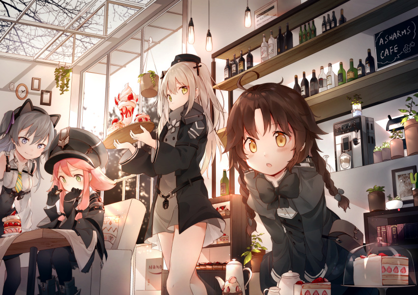 4girls 88_flak_(ash_arms) :o amafuyu animal_ears ash_arms bag bangs bare_tree black_bow black_dress black_gloves black_hairband black_headwear black_skirt bottle bow braid breasts brown_hair cafe cat_ears character_request checkerboard_cookie clock closed_mouth commentary_request cookie couch cross_hair_ornament day diagonal-striped_neckwear diagonal_stripes dress eyebrows_visible_through_hair fake_animal_ears flipped_hair food gloves green_eyes grey_bow grey_capelet grey_eyes grey_hair grey_headwear grey_jacket hair_between_eyes hair_bow hair_ornament hair_ribbon hairband hat high-waist_skirt highres holding holding_food holding_tray indoors jacket latin_cross long_hair long_sleeves looking_at_viewer military_hat mini_hat multiple_girls necktie on_couch parfait parted_lips peaked_cap pillow pink_hair purple_ribbon ribbon shelf shirt short_necktie shoulder_bag skirt sleeveless sleeveless_shirt small_breasts smile standing strawberry_shortcake striped striped_neckwear table teapot tray tree twin_braids two_side_up wall_clock white_shirt window yellow_eyes