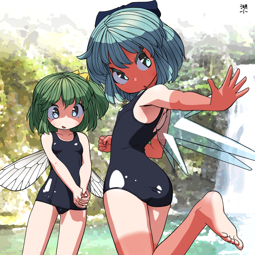 2girls artist_name bare_arms bare_shoulders barefoot blue_bow blue_eyes blue_hair blush bow cirno collarbone daiyousei flat_chest green_eyes green_hair hair_between_eyes hair_bow hands_together highres huxiao_(mistlakefront) ice ice_wings leg_up looking_back multiple_girls one-piece_swimsuit open_mouth ponytail short_hair swimsuit tan tanline touhou water waterfall wings yellow_bow