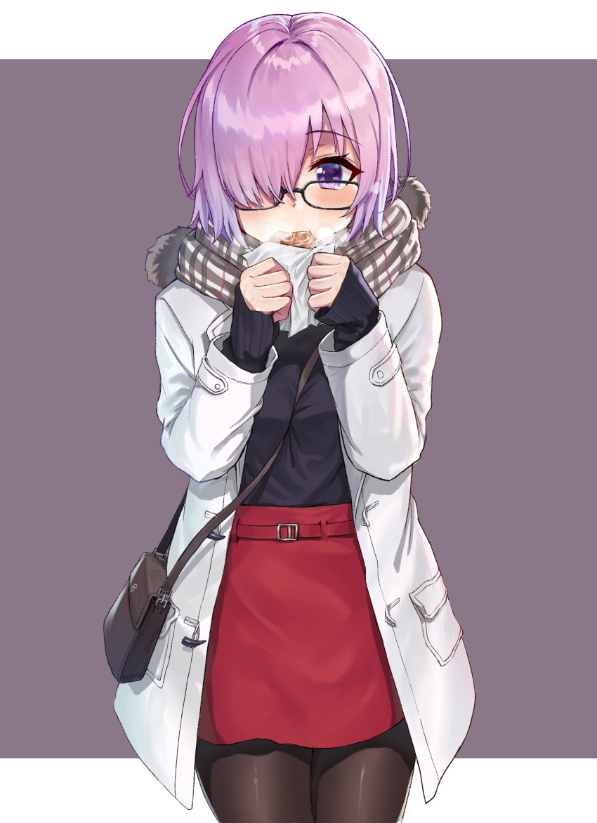 1girl absurdres bag between_breasts black-framed_eyewear black_shirt breasts brown_legwear brown_scarf coat commentary_request cowboy_shot duffel_coat eating eyebrows_visible_through_hair fate/grand_order fate_(series) glasses hair_over_one_eye handbag highres holding jjeono looking_at_viewer mash_kyrielight open_clothes open_coat pantyhose pink_hair plaid plaid_scarf purple_background red_skirt scarf shirt short_hair shoulder_bag simple_background skirt small_breasts solo steam strap_between_breasts violet_eyes white_coat wrapper