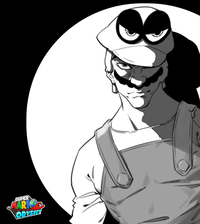 1boy cappy_(mario) commentary_request facial_hair haleileileilei hat hat_over_one_eye high_contrast highres jojo_pose living_clothes male_focus manly mario super_mario_bros. monochrome mustache overalls pose solo super_mario_odyssey