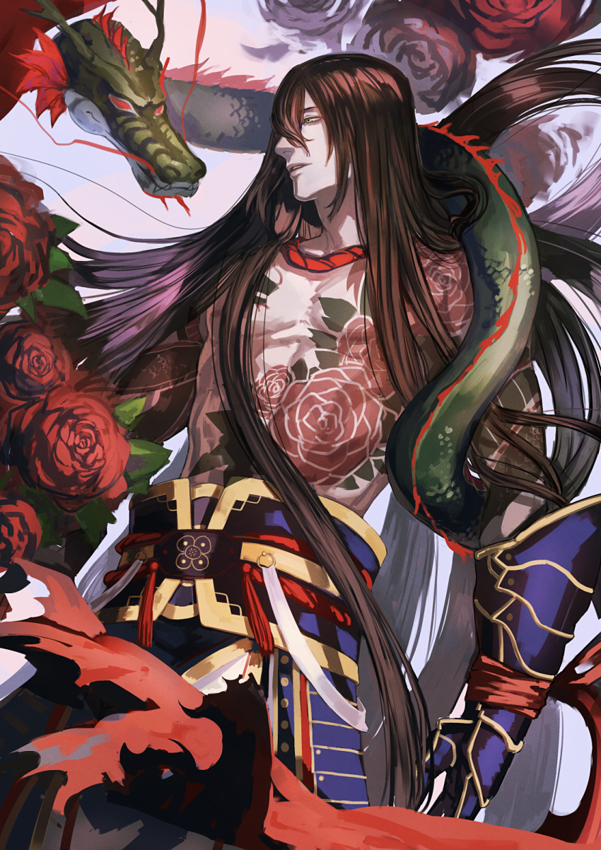1boy bangs bracer brown_hair dragon eastern_dragon elbow_gloves fate/grand_order fate_(series) flower gloves green_eyes highres kuroda_matsurika long_hair looking_to_the_side male_focus parted_lips red_flower red_rose rose shirtless solo tattoo yan_qing_(fate/grand_order)