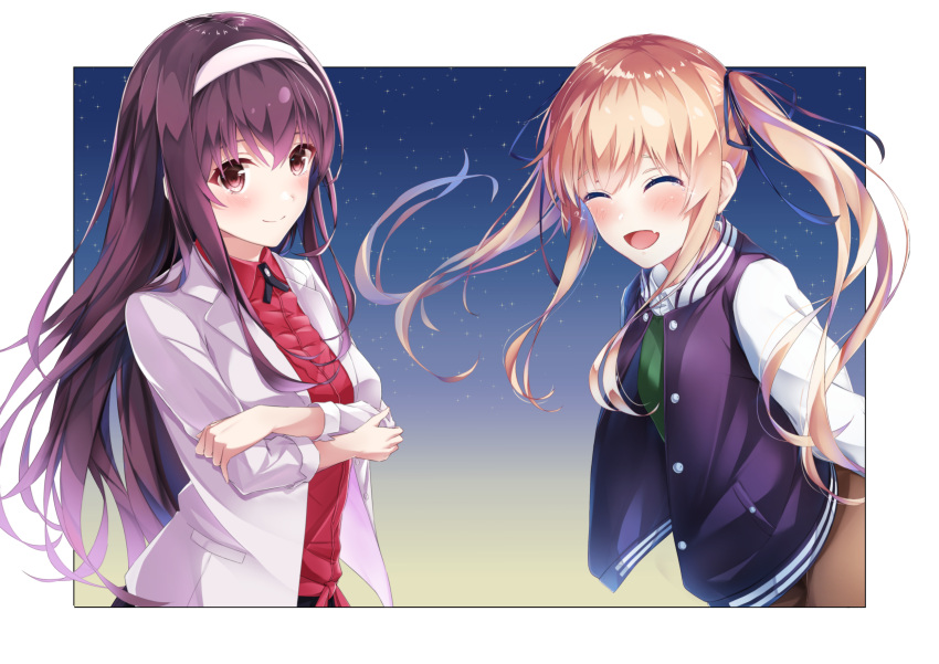 2girls :d blazer blonde_hair blue_ribbon blush brown_hair brown_skirt closed_eyes closed_mouth collared_shirt crossed_arms dress_shirt facing_viewer floating_hair green_sweater hair_ribbon hairband highres jacket kasumigaoka_utaha long_hair long_sleeves multiple_girls open_blazer open_clothes open_jacket open_mouth red_shirt ribbon saenai_heroine_no_sodatekata sawamura_spencer_eriri shiny shiny_hair shirt skirt smile standing sweater upper_body very_long_hair white_background white_hairband white_jacket wing_collar yumemo