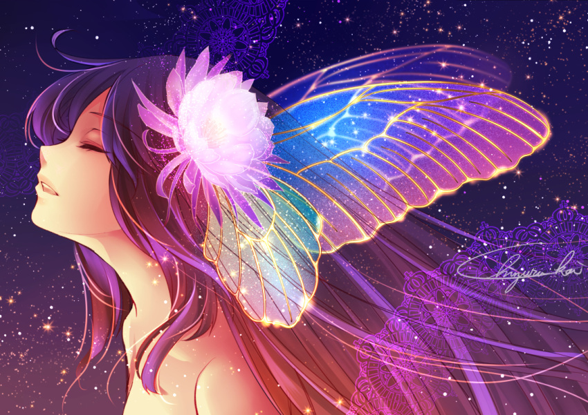 1girl bangs bare_shoulders butterfly_hair_ornament butterfly_wings closed_eyes fairy fantasy flower hair_flower hair_ornament head_wings insect_wings long_hair lotus lying multicolored multicolored_wings on_side open_mouth original purple_hair satochi_(1122) signature solo upper_body wings