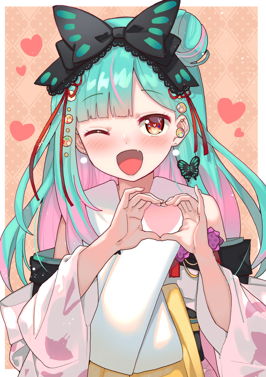 1girl absurdres alternate_costume alternate_hairstyle blush bow earrings fang green_hair hair_bow heart heart-shaped_pupils heart_hands highres hololive japanese_clothes jewelry kimono long_hair multicolored_hair open_mouth solo symbol-shaped_pupils tonari_no_kai_keruberosu uruha_rushia virtual_youtuber