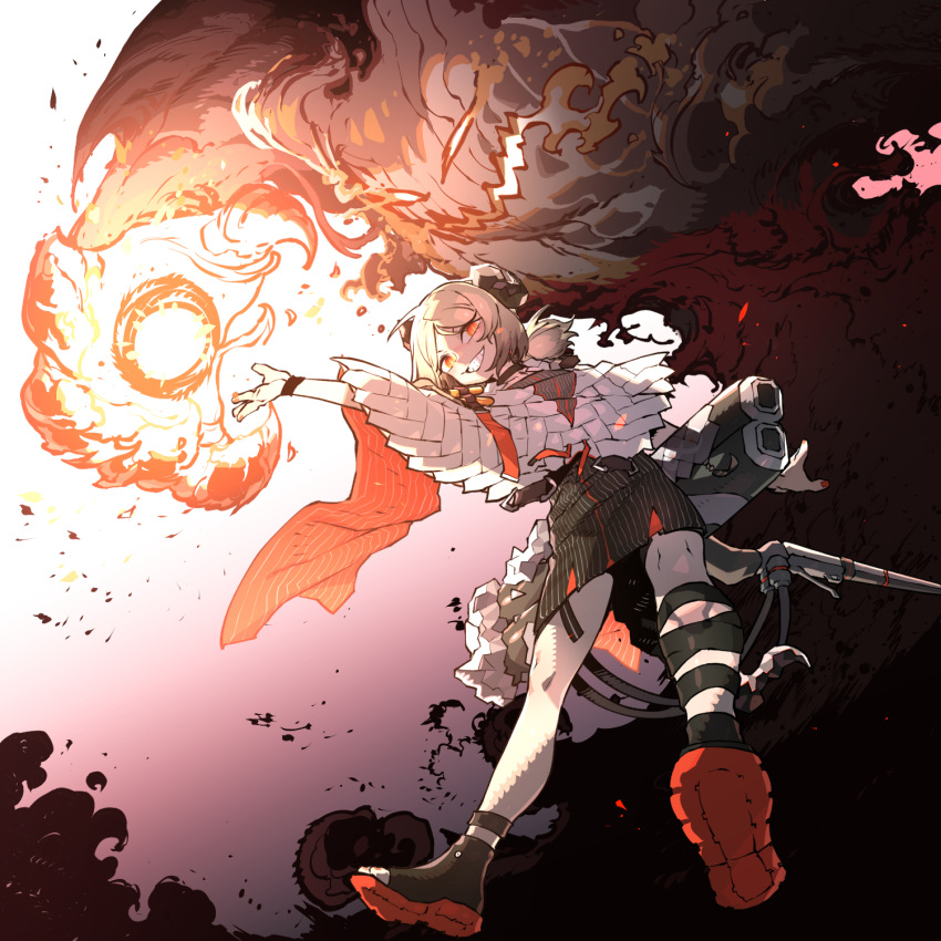 1girl arknights arm_up commentary_request floating from_below grin highres horns idohj12 ifrit_(arknights) looking_at_viewer monster orange_eyes short_hair smile wristband