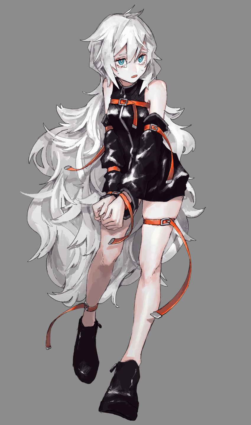 1girl absurdres bare_shoulders black_footwear buckle grey_background hair_between_eyes highres ligton1225 long_hair open_mouth original pale_skin restrained simple_background solo standing sweat tears thigh_strap very_long_hair white_hair