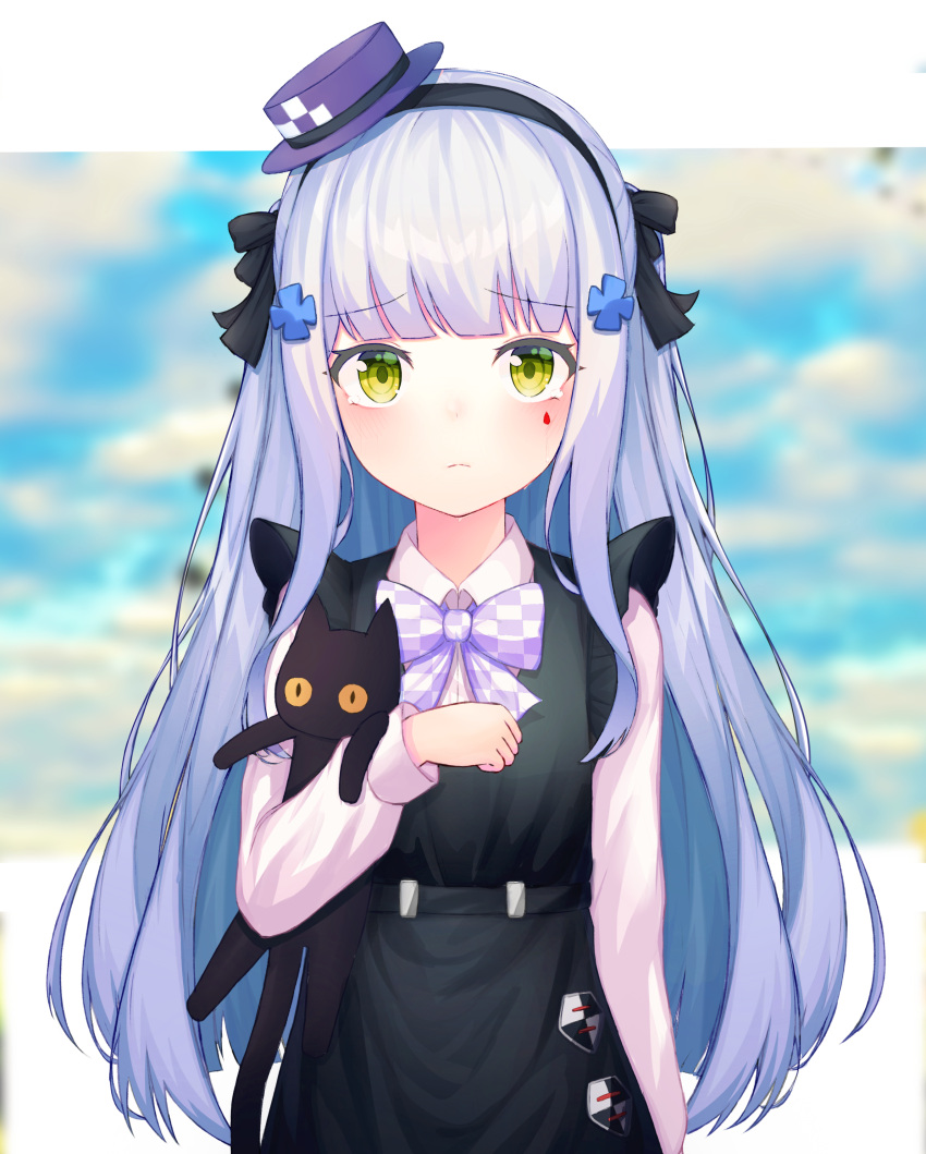 1girl absurdres animal animal_hug black_cat black_dress black_hairband blush bow bowtie cat checkered checkered_neckwear crying dress ew0014 facepaint frown girls_frontline green_eyes hair_ornament hairband hairclip hand_up hat highres hk416_(girls_frontline) holding holding_cat iron_cross long_hair long_sleeves looking_at_viewer mini_hat shirt silver_hair solo teardrop tears very_long_hair white_shirt