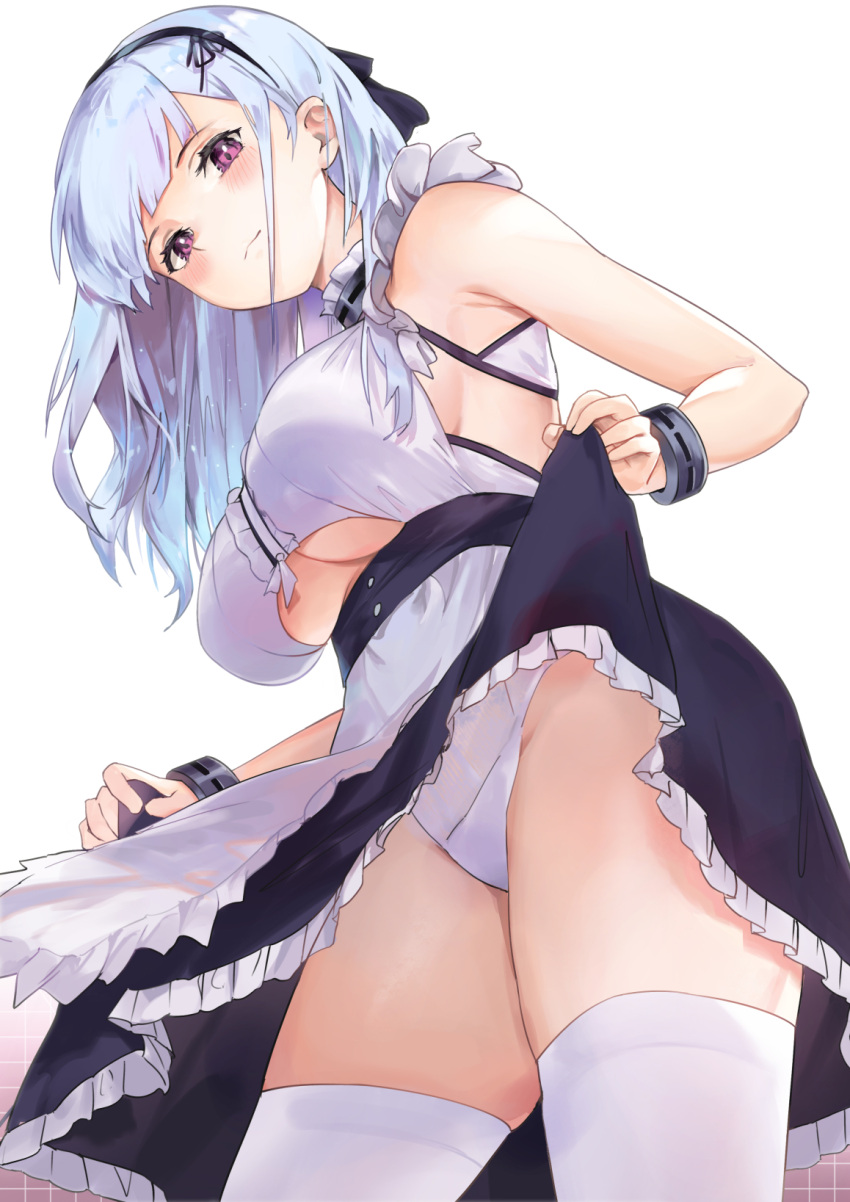 1girl apron azur_lane bangs bare_shoulders bk201 black_hairband black_skirt blush bracelet breasts center_frills closed_mouth dido_(azur_lane) dress frilled_dress frills from_below hairband highres jewelry large_breasts lifted_by_self long_hair looking_at_viewer looking_down maid panties shirt silver_hair simple_background skirt skirt_lift sleeveless sleeveless_shirt smile solo thigh-highs thighs under_boob underboob_cutout underwear upskirt violet_eyes waist_apron white_background white_legwear white_panties white_shirt