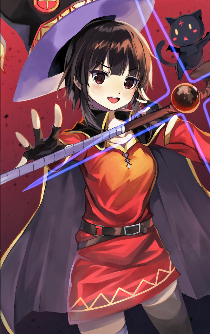 1girl absurdres bandages belt black_hair black_legwear blush breasts brown_hair cape cat collarbone commentary_request dress eyebrows_visible_through_hair fingerless_gloves gloves hat highres holding kono_subarashii_sekai_ni_shukufuku_wo! looking_at_viewer megumin open_mouth otokura_ringo red_dress red_eyes short_hair single_thighhigh smile solo staff thigh-highs witch_hat