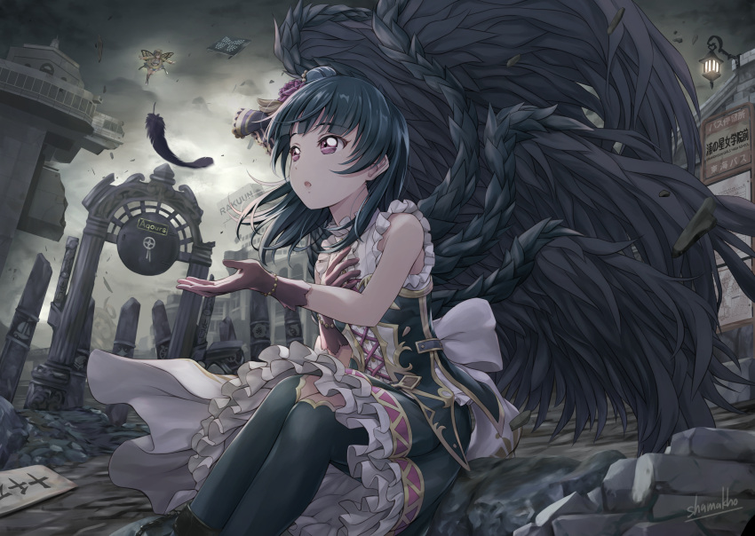 2girls :o artist_name back_bow bangs black_feathers black_legwear black_wings blue_hair bow bracelet butterfly_wings cross-laced_clothes cupping_hand dark_sky dress duplicate fallen_angel feathered_wings feathers flying frilled_dress frills gate gloves group_name hand_on_own_chest highres jewelry kunikida_hanamaru love_live! love_live!_sunshine!! mitaiken_horizon multiple_girls one_eye_closed outdoors overcast rubble ruins shadowverse shamakho side_bun sitting sleeveless sleeveless_dress solo_focus thigh-highs tsushima_yoshiko violet_eyes white_bow wings