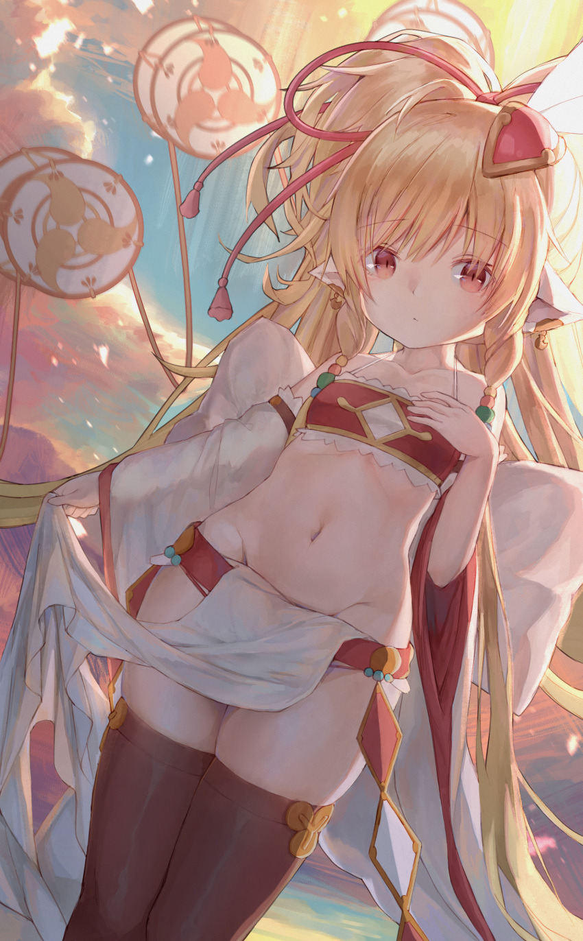 1girl absurdres blonde_hair drum earrings granblue_fantasy hand_on_own_chest harvin highres instrument jewelry long_hair mahira_(granblue_fantasy) midriff navel pelvic_curtain pointy_ears red_eyes thigh-highs very_long_hair wide_sleeves