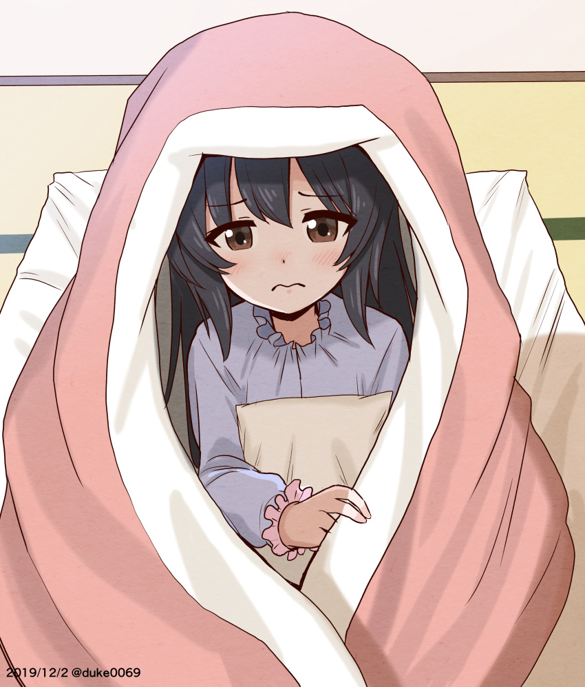 1girl absurdres bangs black_hair blanket blue_shirt brown_eyes closed_mouth commentary dated duke_(kimurasun) eyebrows_visible_through_hair frown futon girls_und_panzer highres holding holding_pillow long_hair long_sleeves looking_at_viewer pajamas pillow reizei_mako shirt sitting solo twitter_username under_covers wavy_mouth