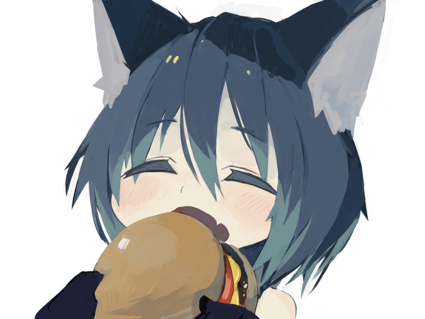 1girl animal_ear_fluff animal_ears bangs bare_shoulders black_gloves blue_hair blush closed_eyes commentary_request eyebrows_visible_through_hair facing_viewer fang food gloves hair_between_eyes hamburger holding holding_food open_mouth original pappii_(paprika_shikiso) paprika_shikiso portrait simple_background solo white_background