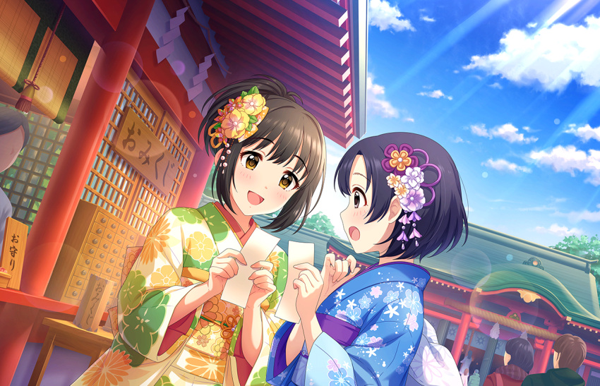 black_hair blush brown_eyes idolmaster_cinderella_girls_starlight_stage kimono shiragiku_hotaru short_hair smile takafuji_kako