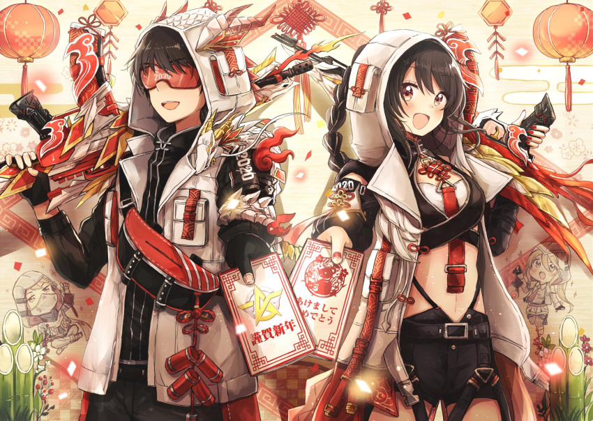 1boy 1girl 2020 :d bamboo bangs black_gloves black_hair black_jacket black_shorts blush braid breasts brown_eyes character_request commentary_request egasumi eyebrows_visible_through_hair fingerless_gloves fingernails floral_background gloves goggles gun hair_between_eyes highres holding holding_gun holding_weapon hood hood_up hooded_jacket jacket kadomatsu knives_out long_hair long_sleeves medium_breasts nail_polish navel open_mouth outstretched_arm over_shoulder puffy_long_sleeves puffy_sleeves red_nails sakura_oriko short_shorts shorts sleeveless sleeveless_jacket smile translation_request weapon weapon_over_shoulder white_jacket
