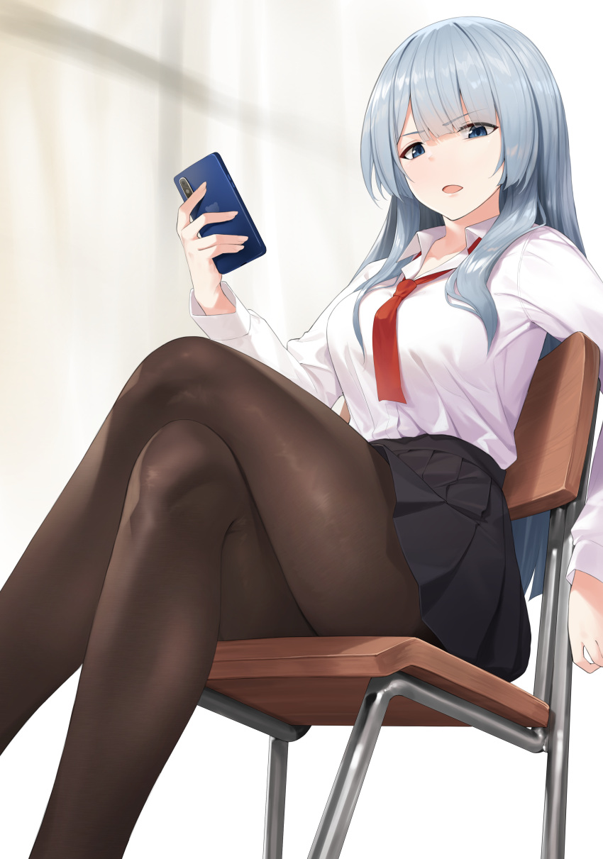 1girl absurdres ak-15_(girls_frontline) black_skirt blue_eyes blue_hair breasts cellphone chair collared_shirt commentary_request crossed_legs eyebrows_visible_through_hair feet_out_of_frame from_below girls_frontline highres holding holding_cellphone holding_phone large_breasts long_hair long_sleeves miniskirt necktie on_chair open_mouth phone pleated_skirt red_neckwear shirt sitting skirt smartphone solo star741 thighs v-shaped_eyebrows white_shirt