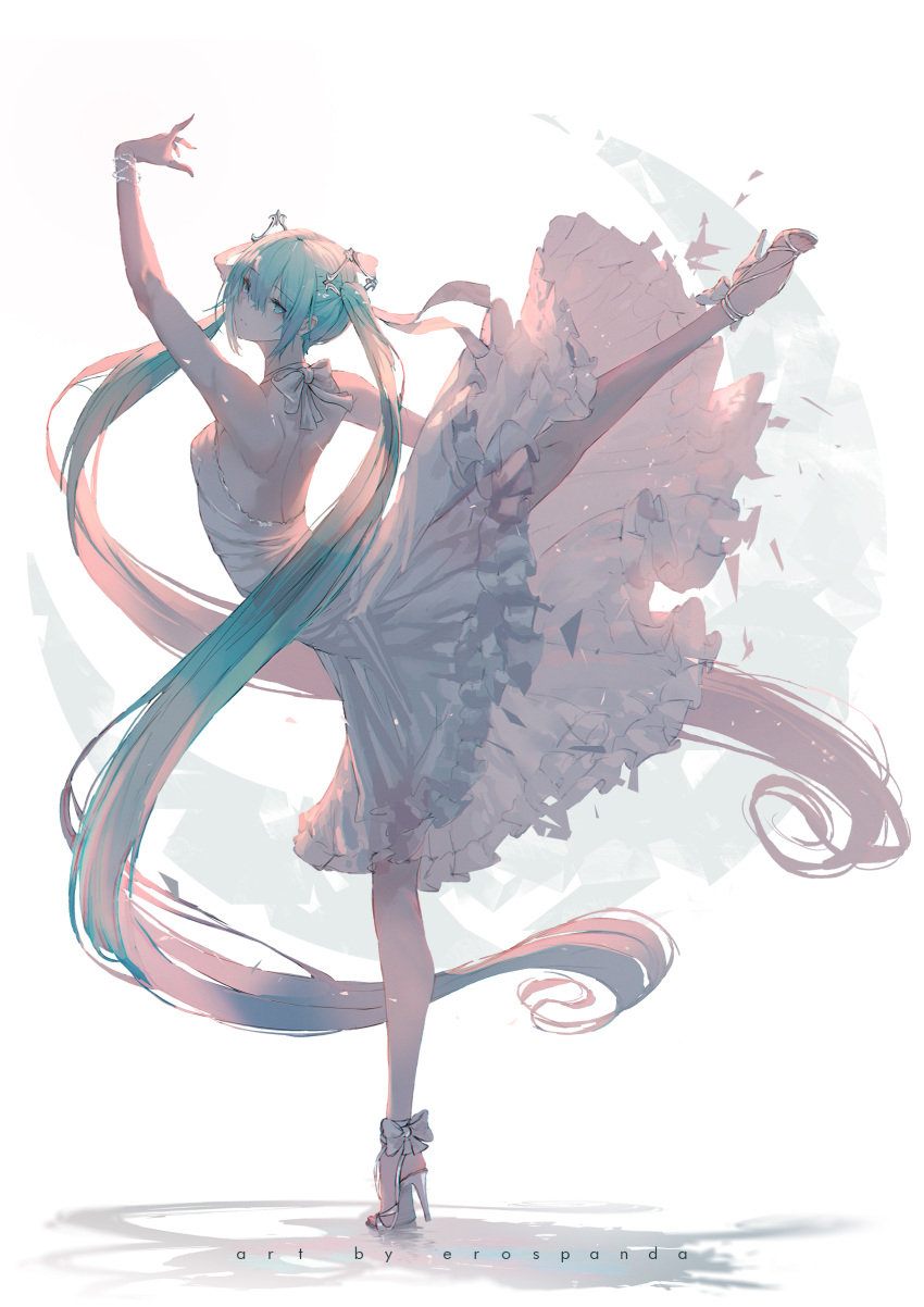 1girl absurdres aqua_eyes aqua_hair arm_up armpits artist_name bare_legs bow bracelet breasts closed_mouth commentary dancing dress erospanda expressionless frilled_dress frills full_body hair_ornament halter_dress hatsune_miku high_heels highres jewelry leg_up long_hair outstretched_arm sleeveless sleeveless_dress small_breasts solo standing standing_on_one_leg twintails very_long_hair vocaloid white_background white_bow white_dress white_footwear