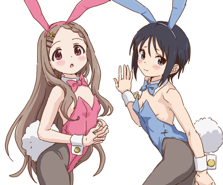 2girls animal_ears aoba_kokona black_hair black_legwear blue_eyes blue_leotard blue_neckwear blush bow bowtie braid breasts bunny_tail bunnysuit closed_mouth collar cowboy_shot detached_collar fake_animal_ears frown hair_ornament highres kurosaki_honoka leotard light_brown_hair long_hair multiple_girls pantyhose pink_leotard pink_neckwear rabbit_ears red_eyes short_hair standing strapless strapless_leotard sweatdrop tail white_background white_collar wing_collar wrist_cuffs yama_no_susume yougiri